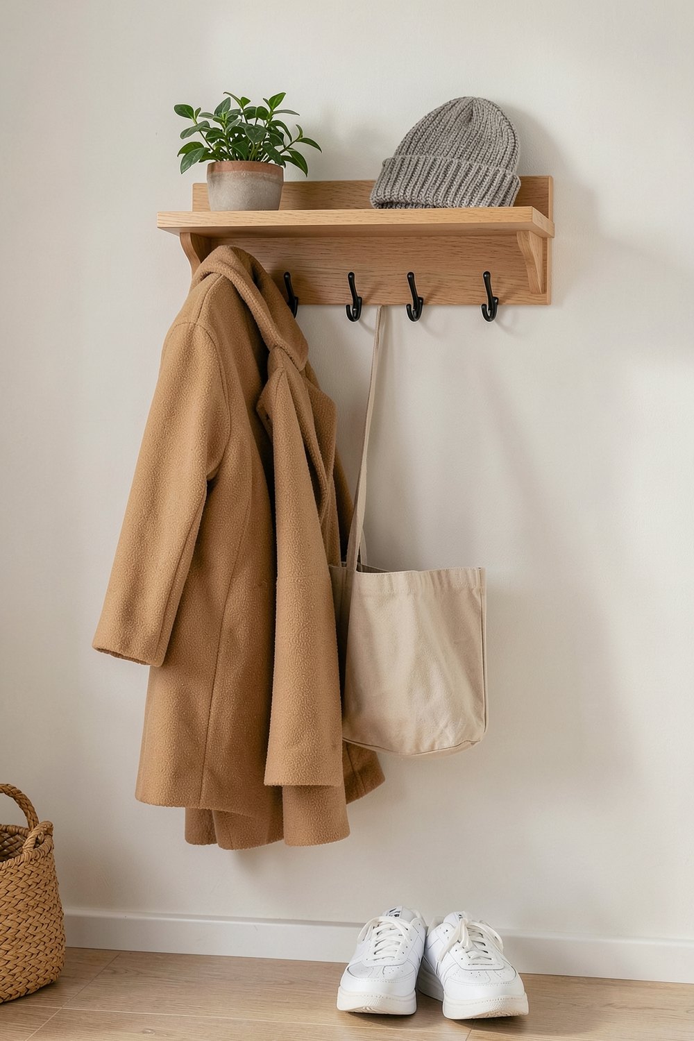 Entryway rack with shelf and hooks